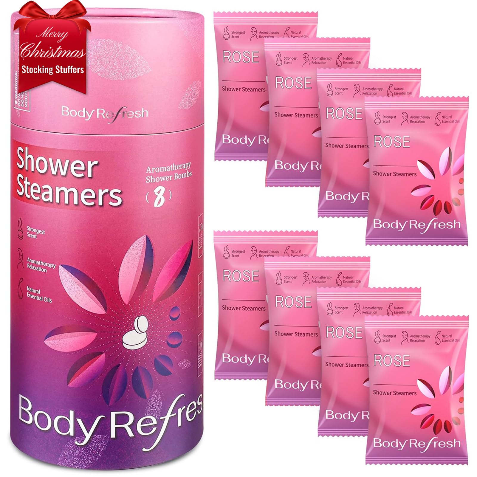 BodyRefresh shower steamers rose packaging, ideal as a thoughtful spa gift.