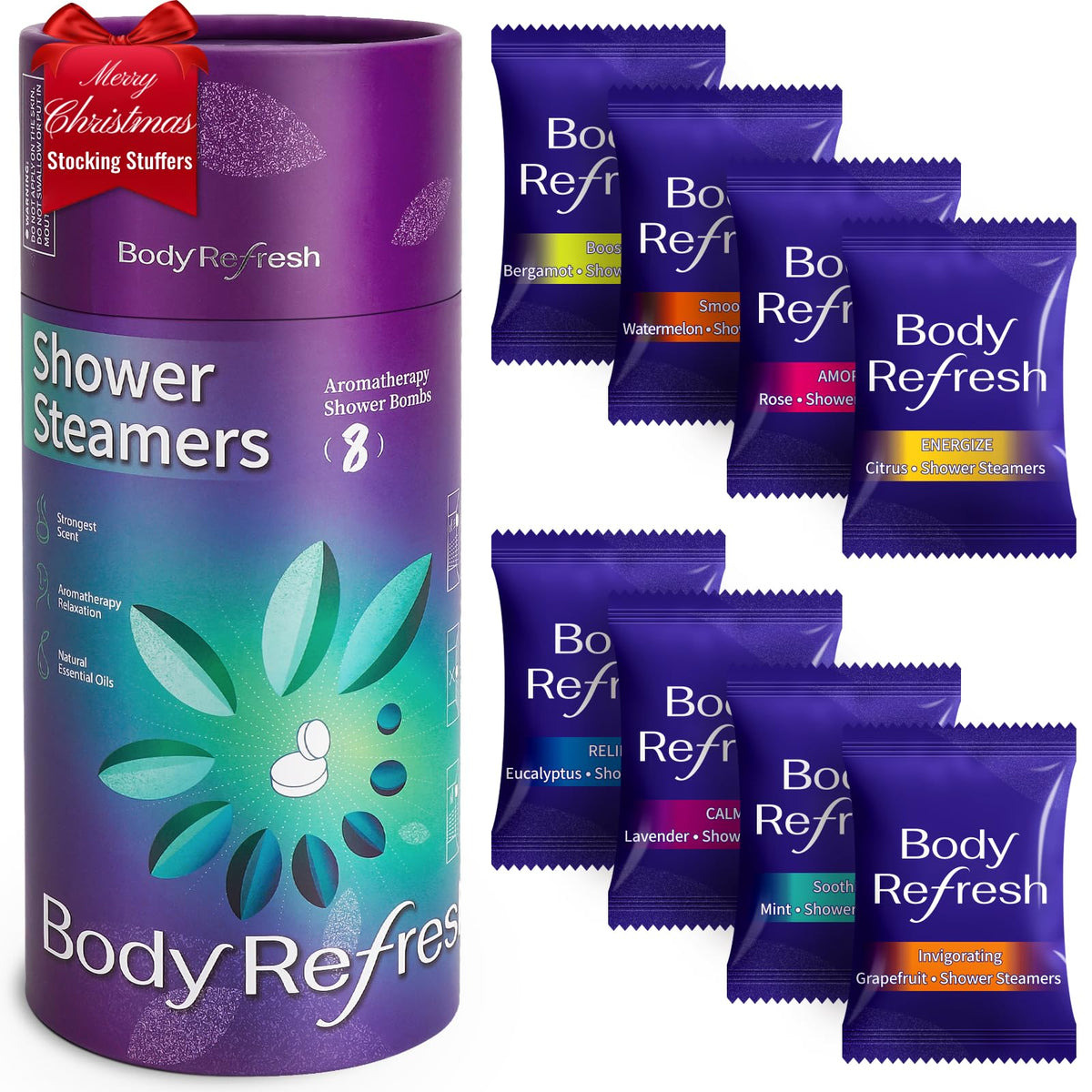 BodyRefresh 8-pack shower steamers gift set ready for gifting.