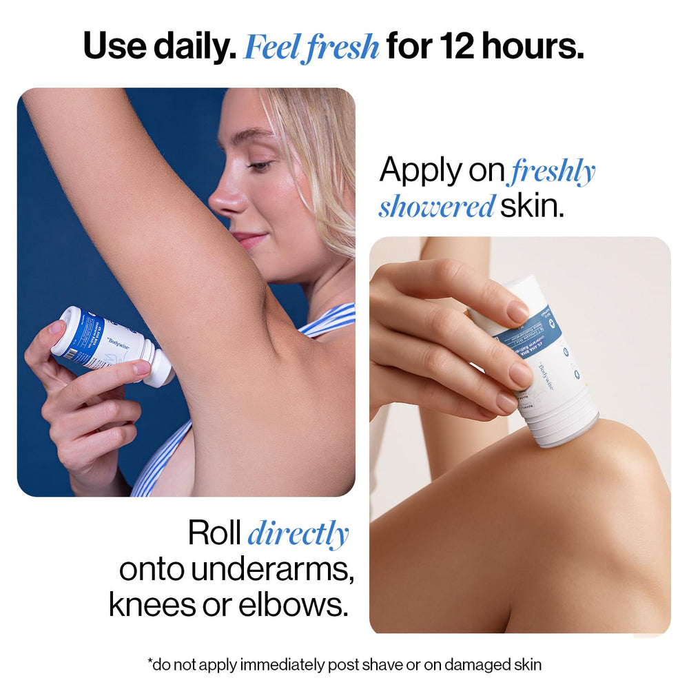 Bodywise deodorant roll-on delivers 24/7 freshness with odor-control formula.