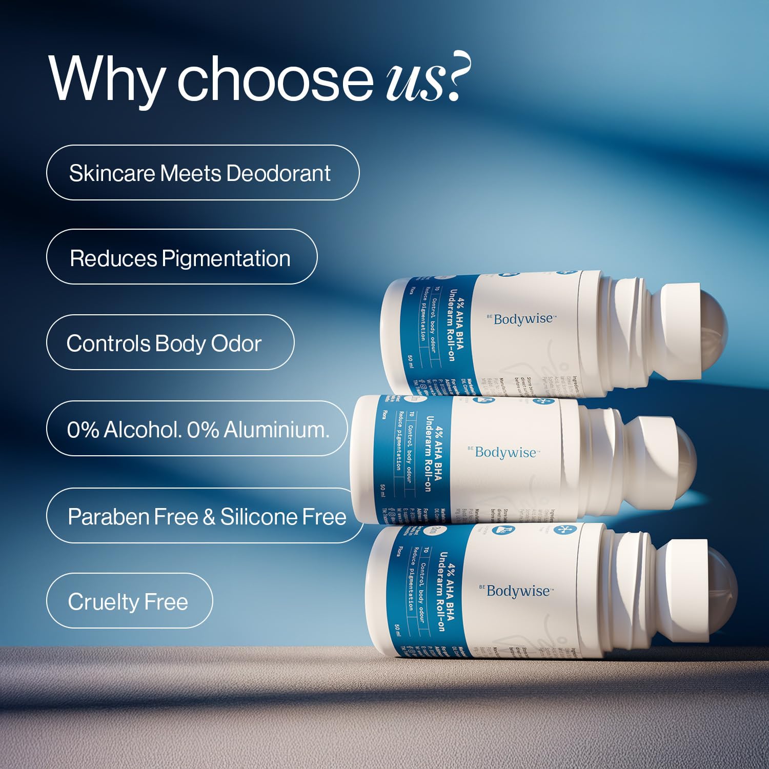 Bodywise deodorant roll-on bottle with floral scent for a light perfumed feel.