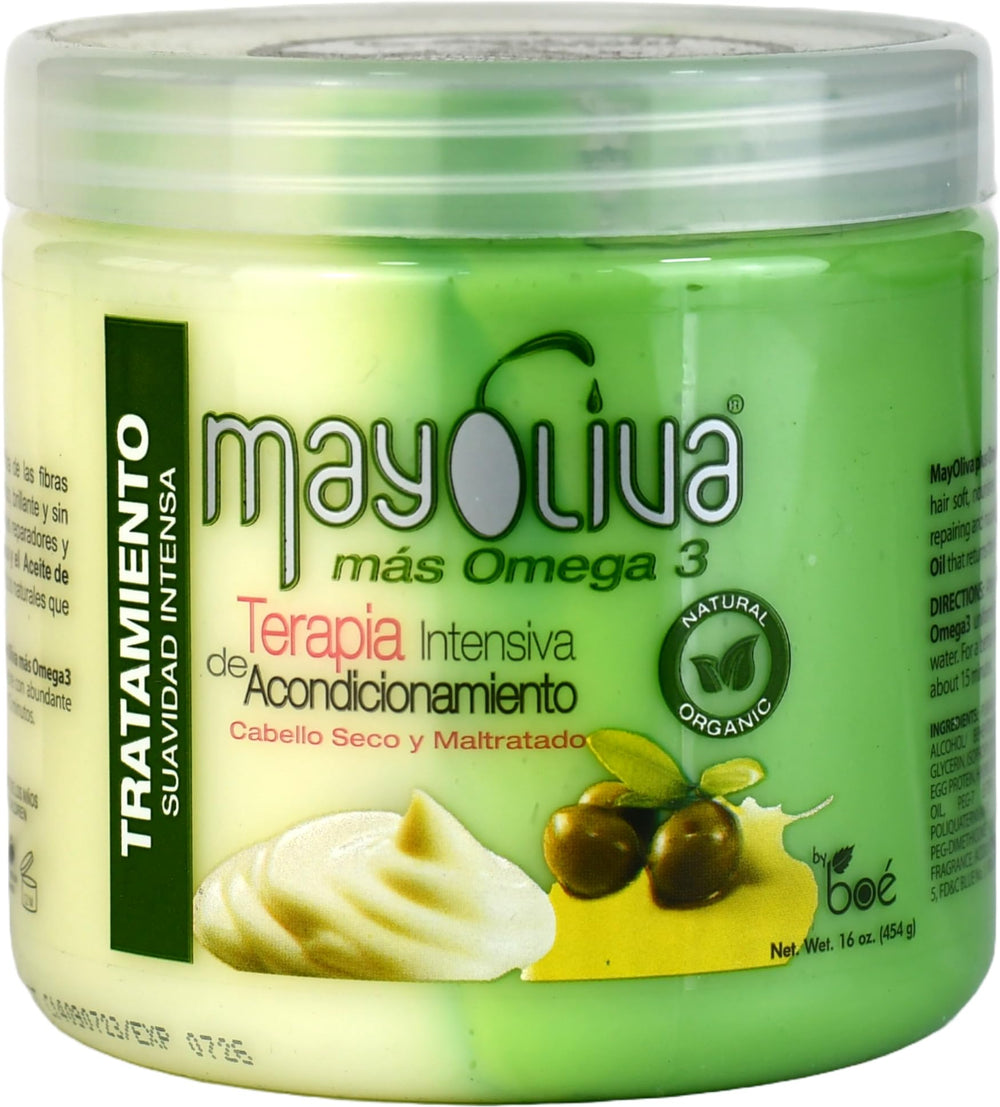 BOÉ COSMETICS BOE Mayoliva Omega3 intensive bottle demonstrates deep conditioning for dry, damaged hair.