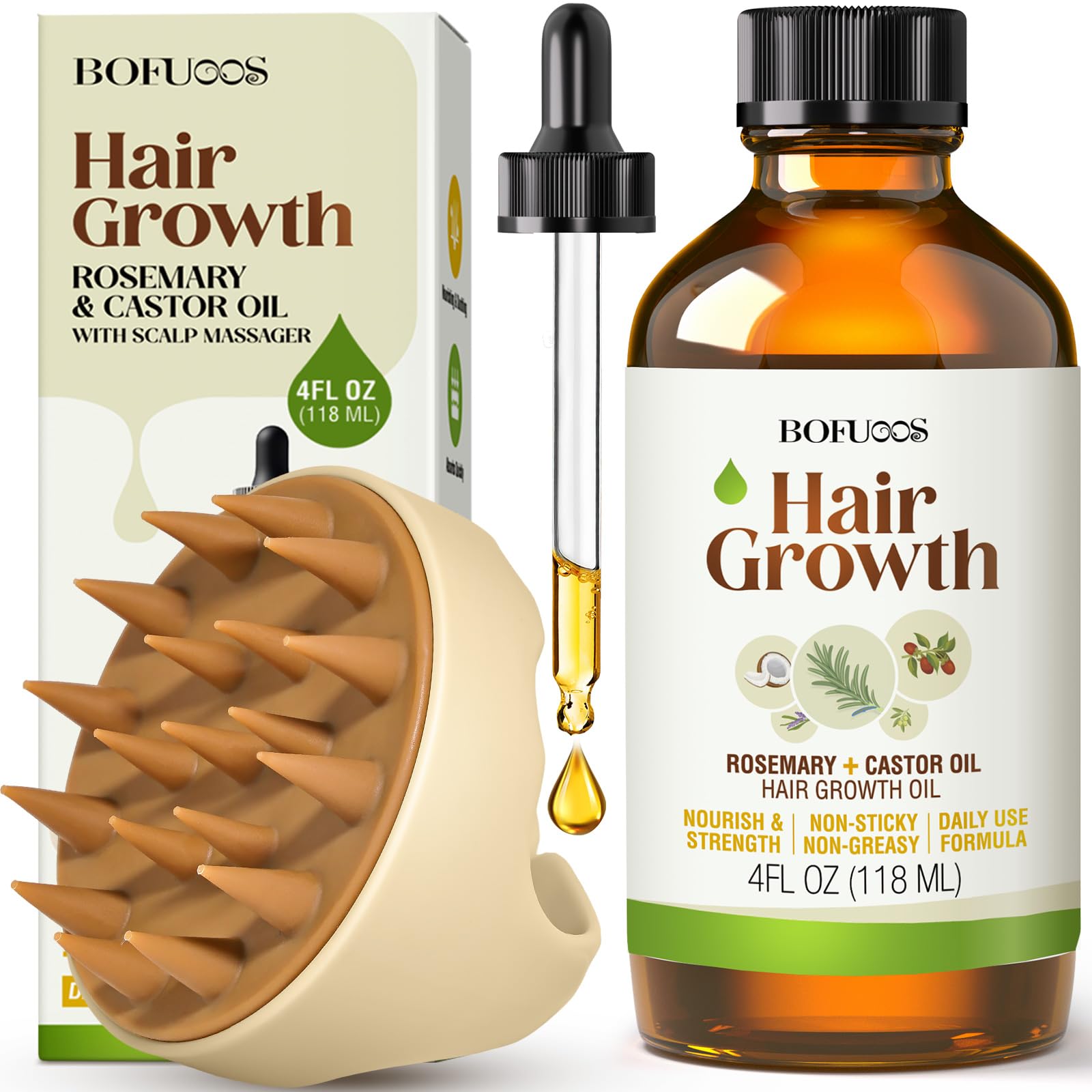 Bofuoos rosemary-castor hair oil bottle nourishes scalp and roots.