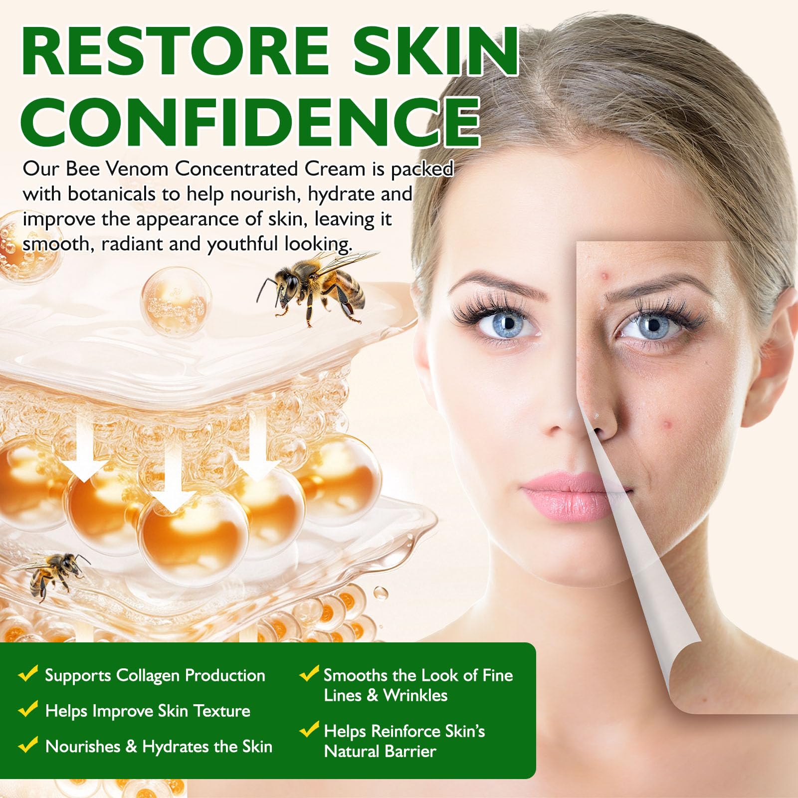 BOIUOITI Bee Venom Comprehensive Cream label closeup highlights natural ingredients and fragrance-free formula.