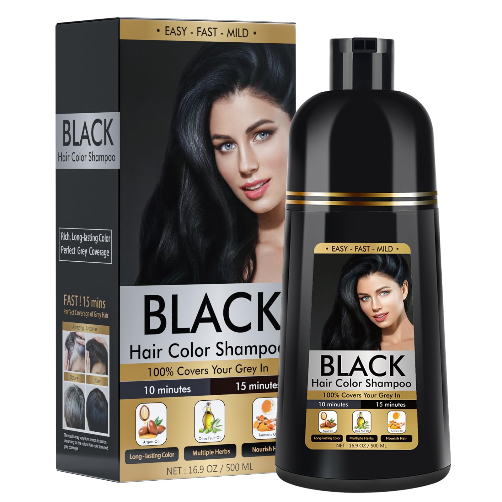 BOJICA black hair dye shampoo bottle-500ml offers convenient at-home gray coverage.