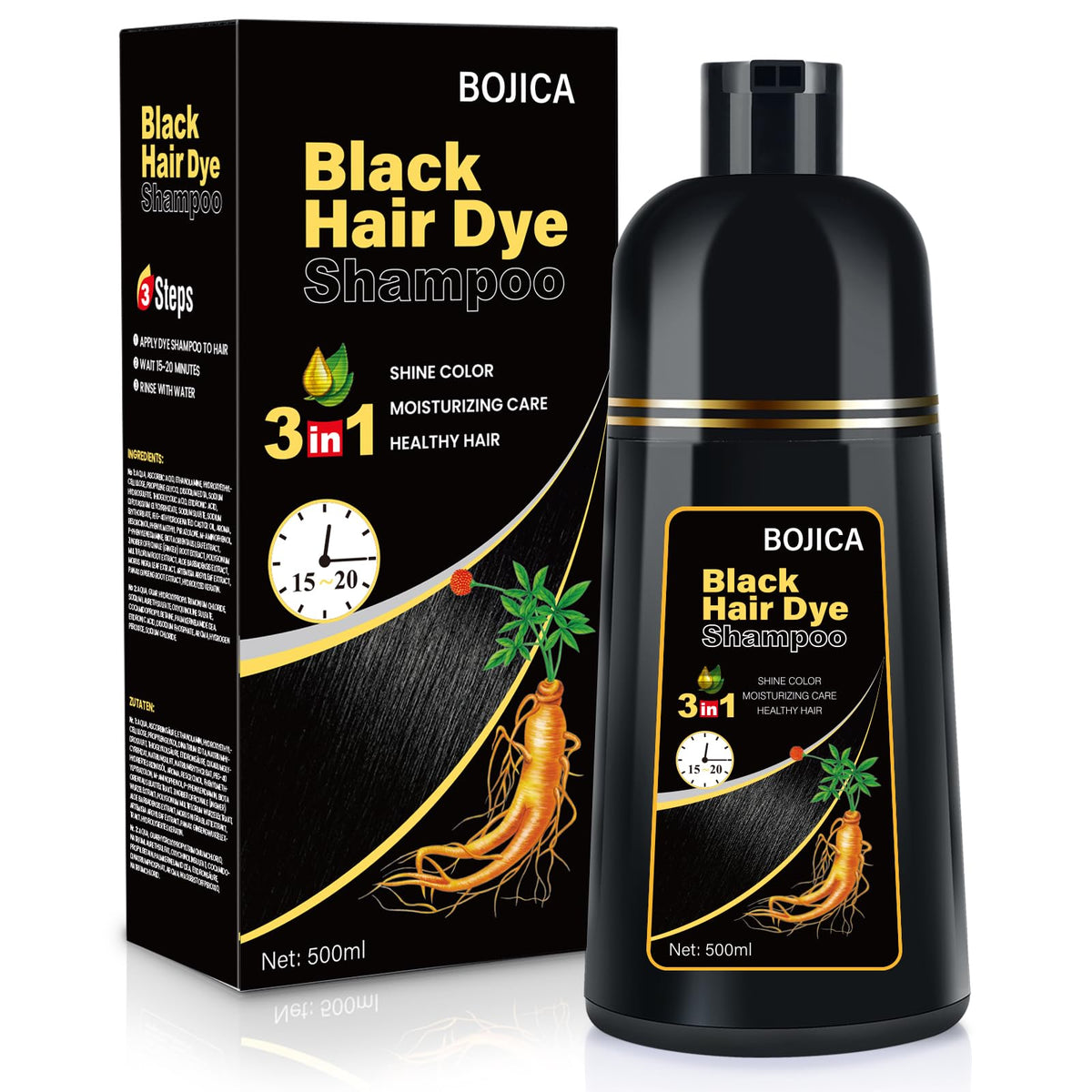 BOJICA Black Hair Dye Shampoo bottle demonstrates at-home color convenience