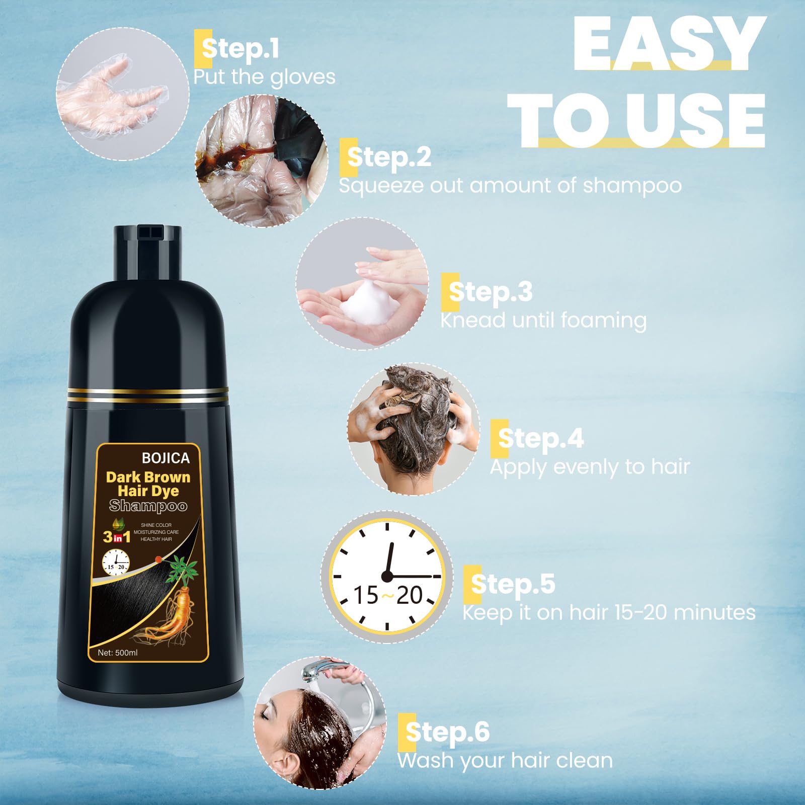 BOJICA hair dye shampoo applying on dry hair for quick gray coverage