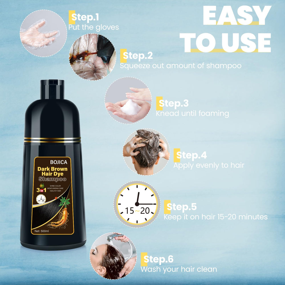 BOJICA hair dye shampoo applying on dry hair for quick gray coverage