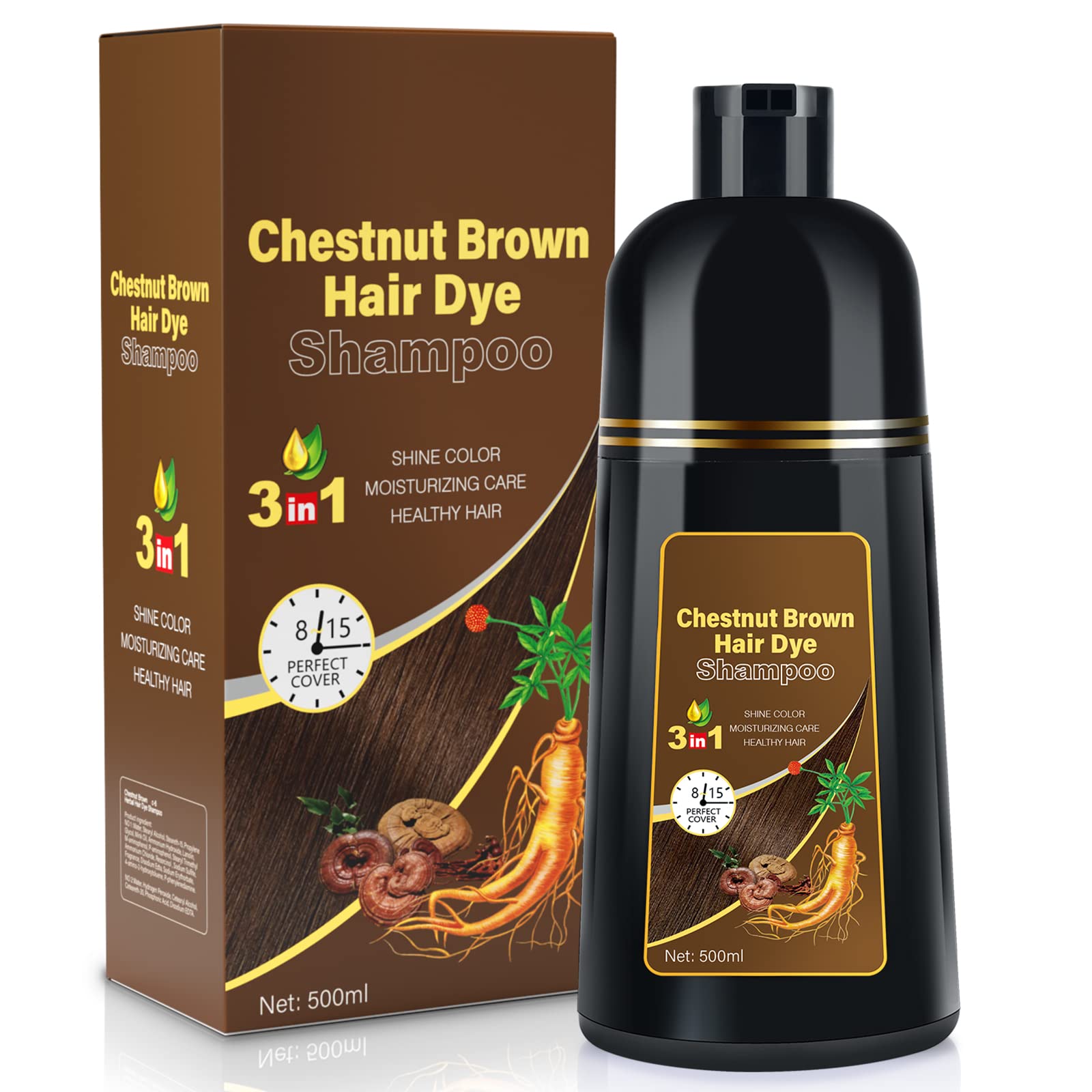 BOJICA Hair Dye Shampoo bottle with chestnut brown color for 3-in-1 cleansing, coloring, and conditioning.