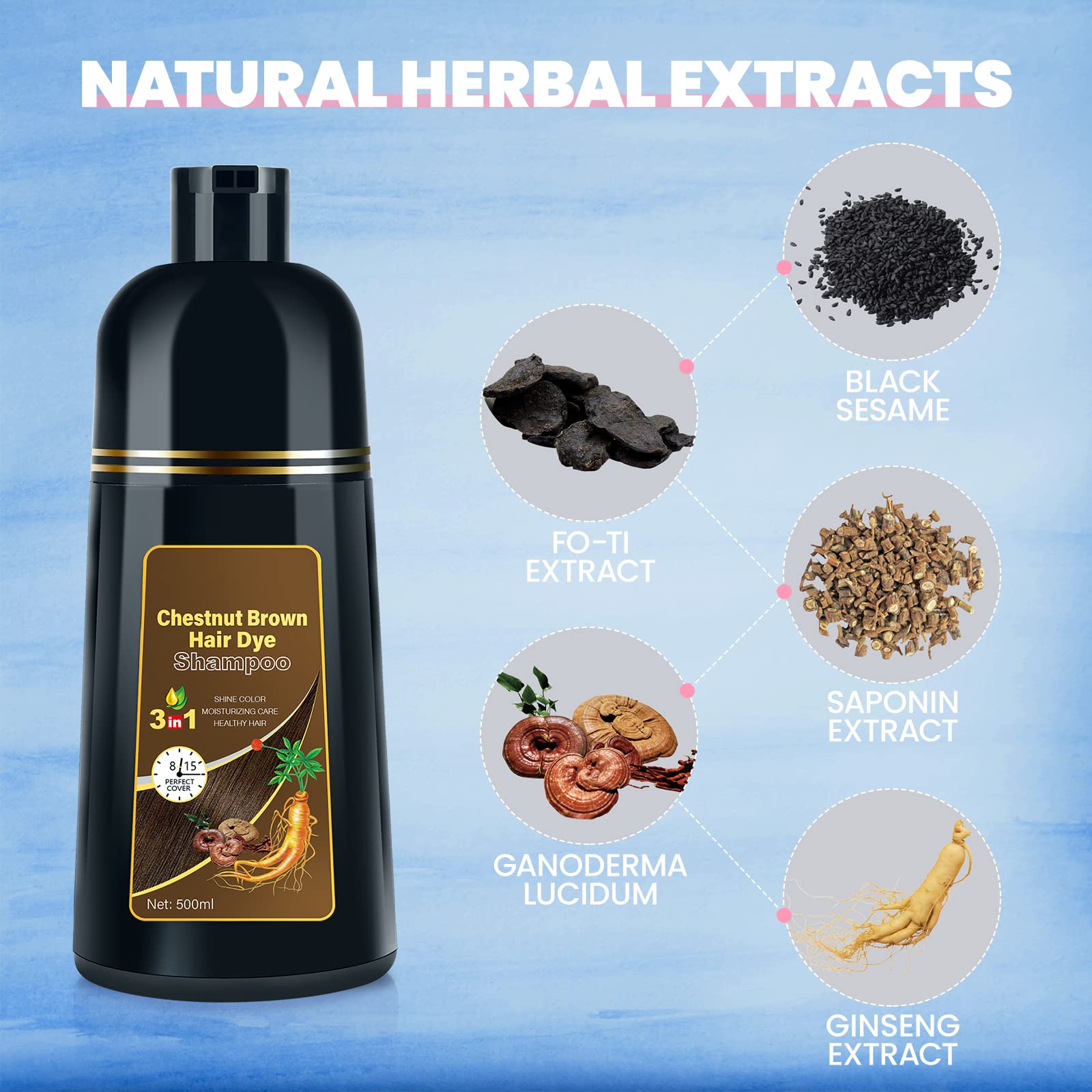BOJICA Chestnut Brown dye shampoo delivering gray-root coverage with natural shine.