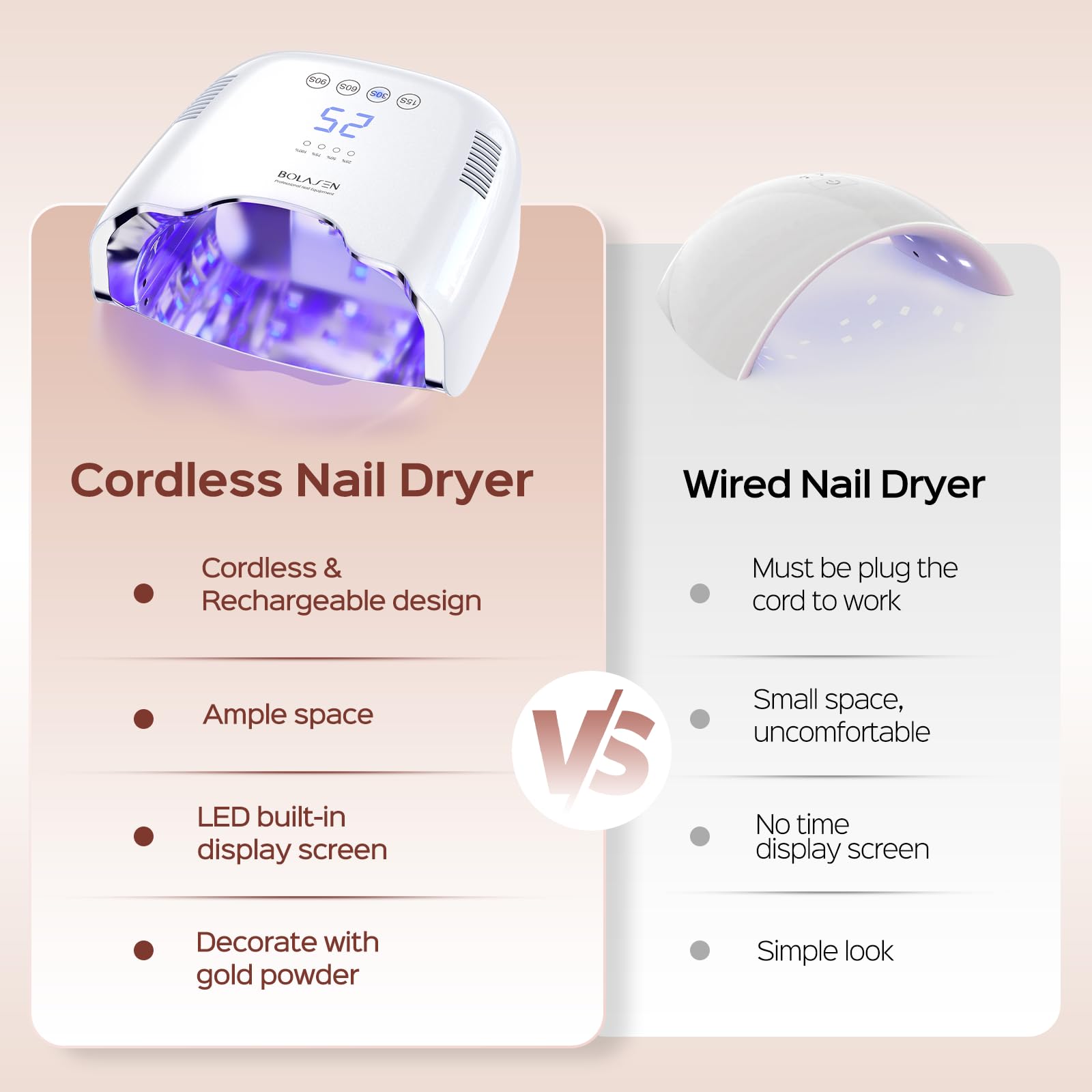 BOLASEN cordless lamp with metal base supports steady at-home salon sessions.