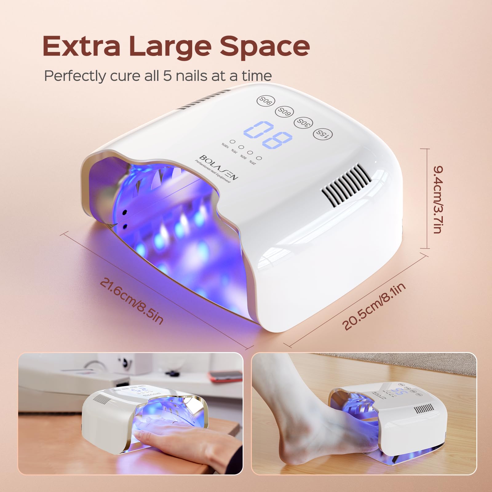 BOLASEN timed settings with 15s/30s/60s/99s for gel nails.