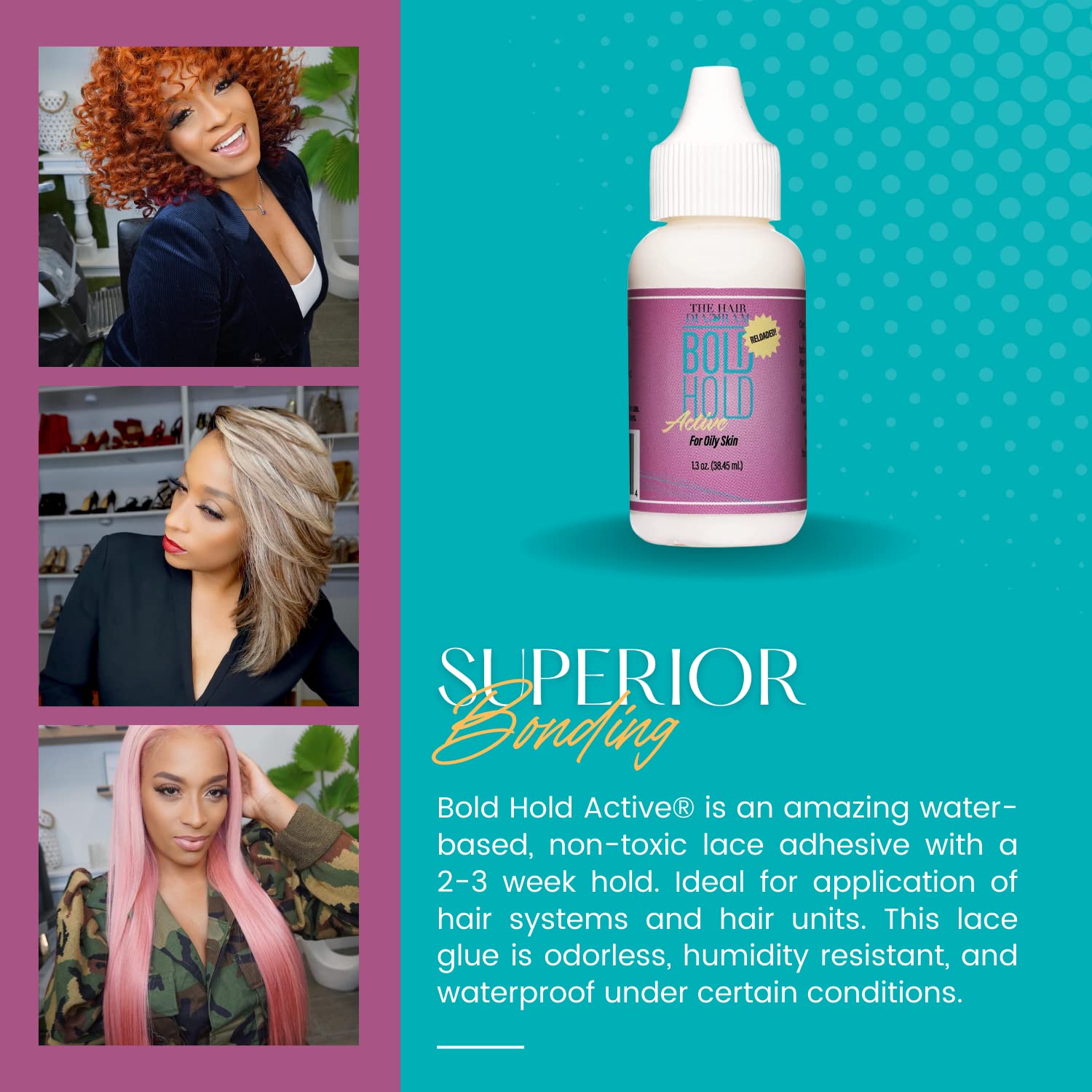 Bold Hold Active drying clear after layering for a seamless lace bond.