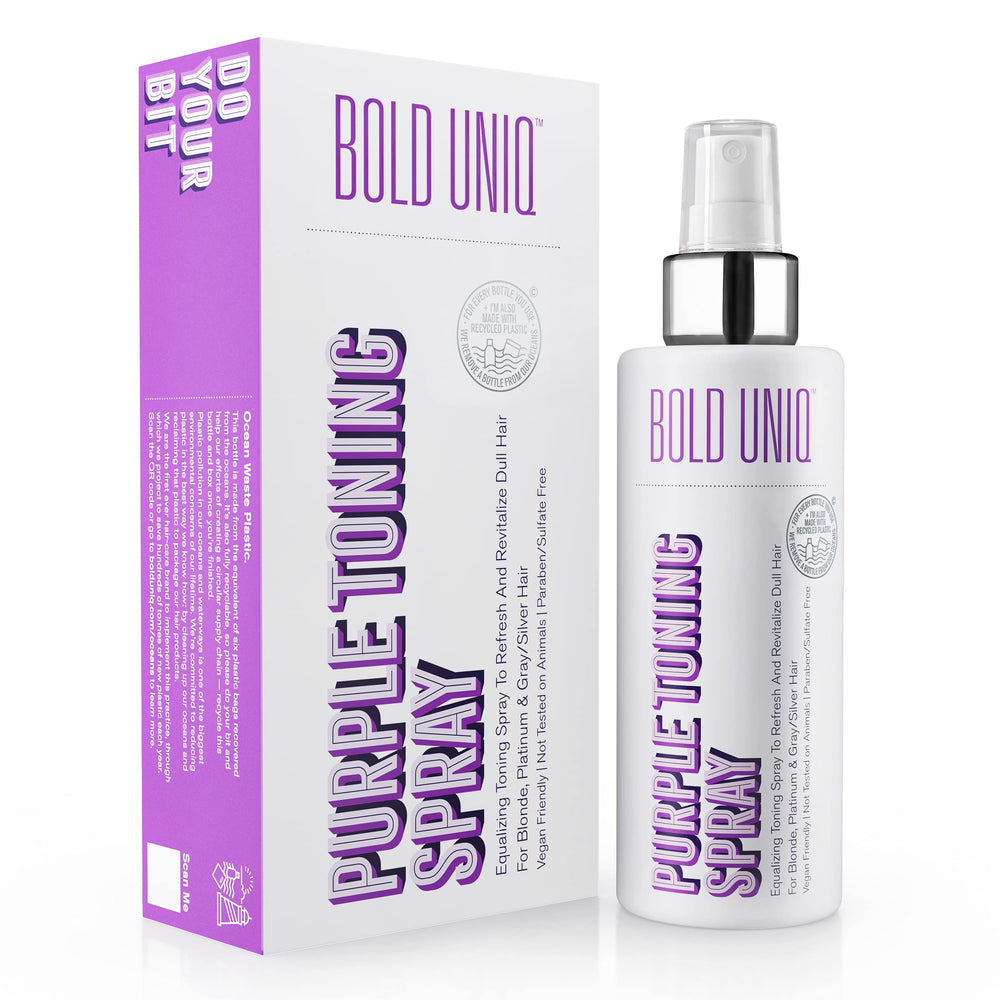 Bold Uniq Blonde Toner Spray bottle demonstrates targeted toning to neutralize brassiness
