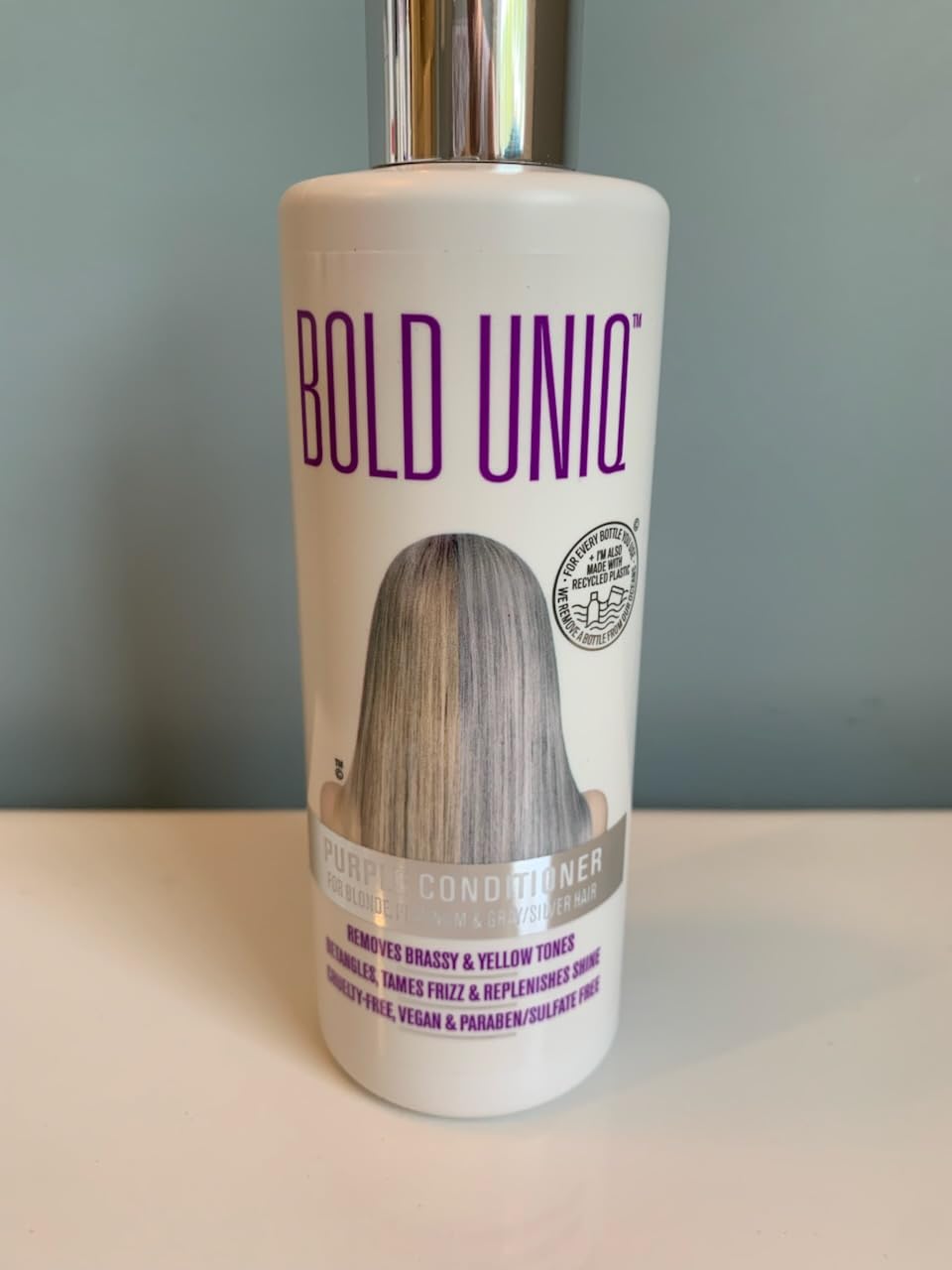 BOLD UNIQ Purple Conditioner packaging-recycled highlights eco-friendly, cruelty-free beauty choices.