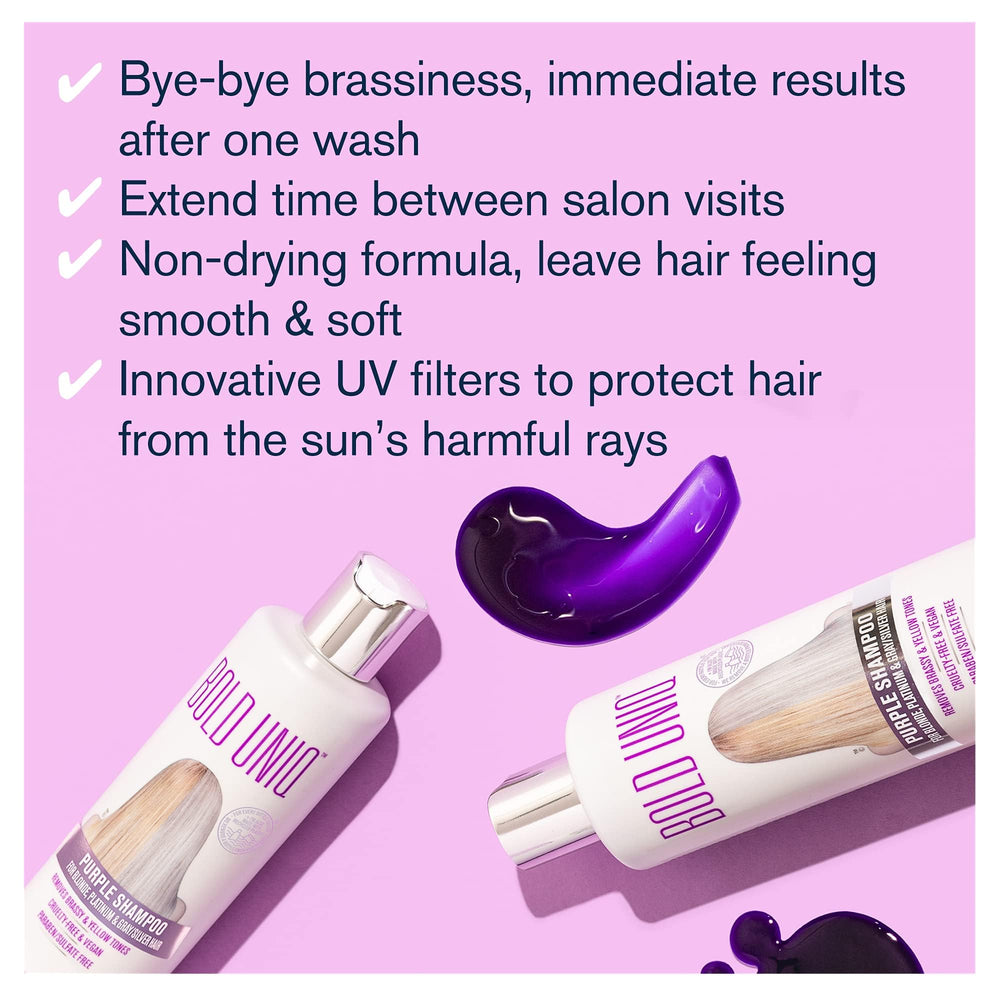 Bold Uniq Purple Shampoo pour close-up emphasizes rich violet lather and color care.