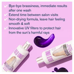 Bold Uniq Purple Shampoo pour close-up emphasizes rich violet lather and color care.