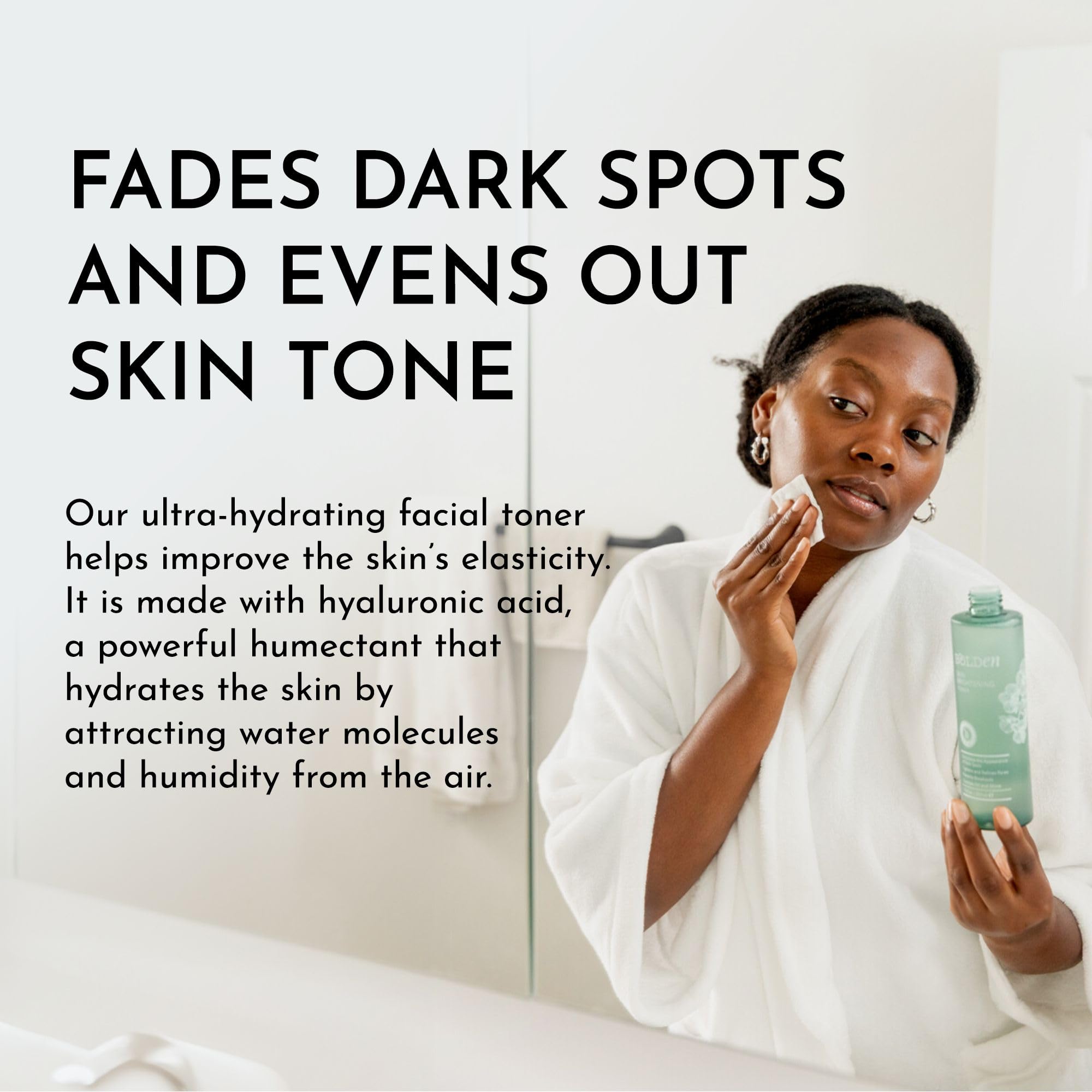 Bolden Skin Brightening Toner label shows glycolic acid and licorice for dark spots.