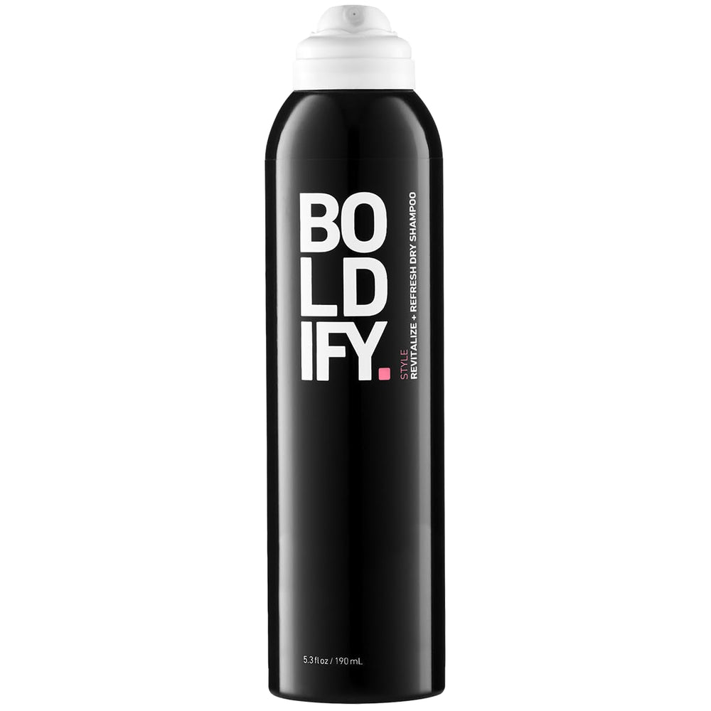Boldify Dry Shampoo Spray bottle closeup showing quick oil absorption for refreshed roots