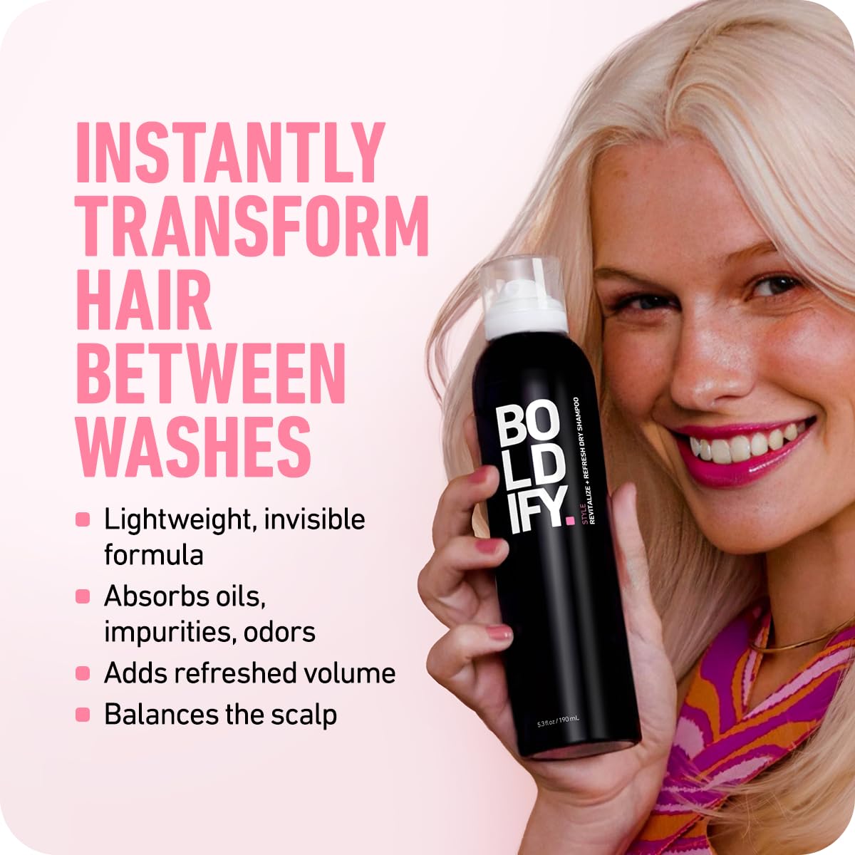 Boldify Dry Shampoo Spray being applied to hair for instant lift between washes