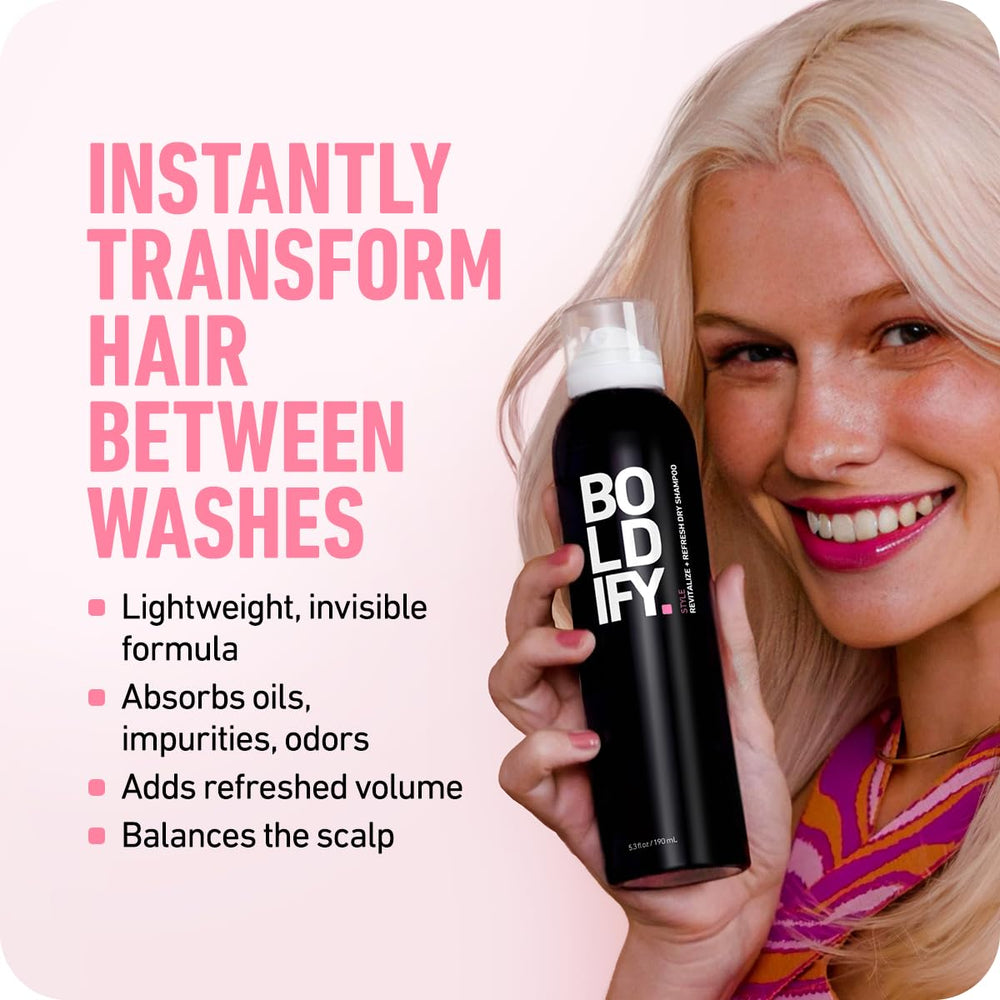 Boldify Dry Shampoo Spray being applied to hair for instant lift between washes