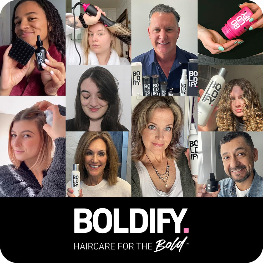 Boldify Dry Shampoo Spray packaging in compact bottle for travel-friendly use