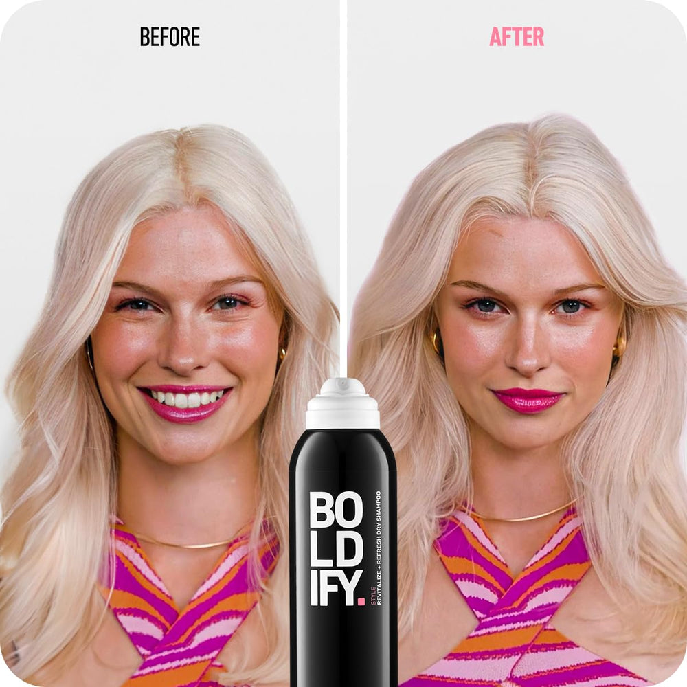 Boldify Dry Shampoo Spray emphasizing Scalposine blend for scalp nourishment and odor control