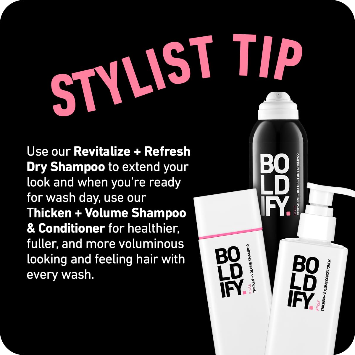 Boldify Dry Shampoo Spray usage tips demonstrating easy fast refresh between sessions