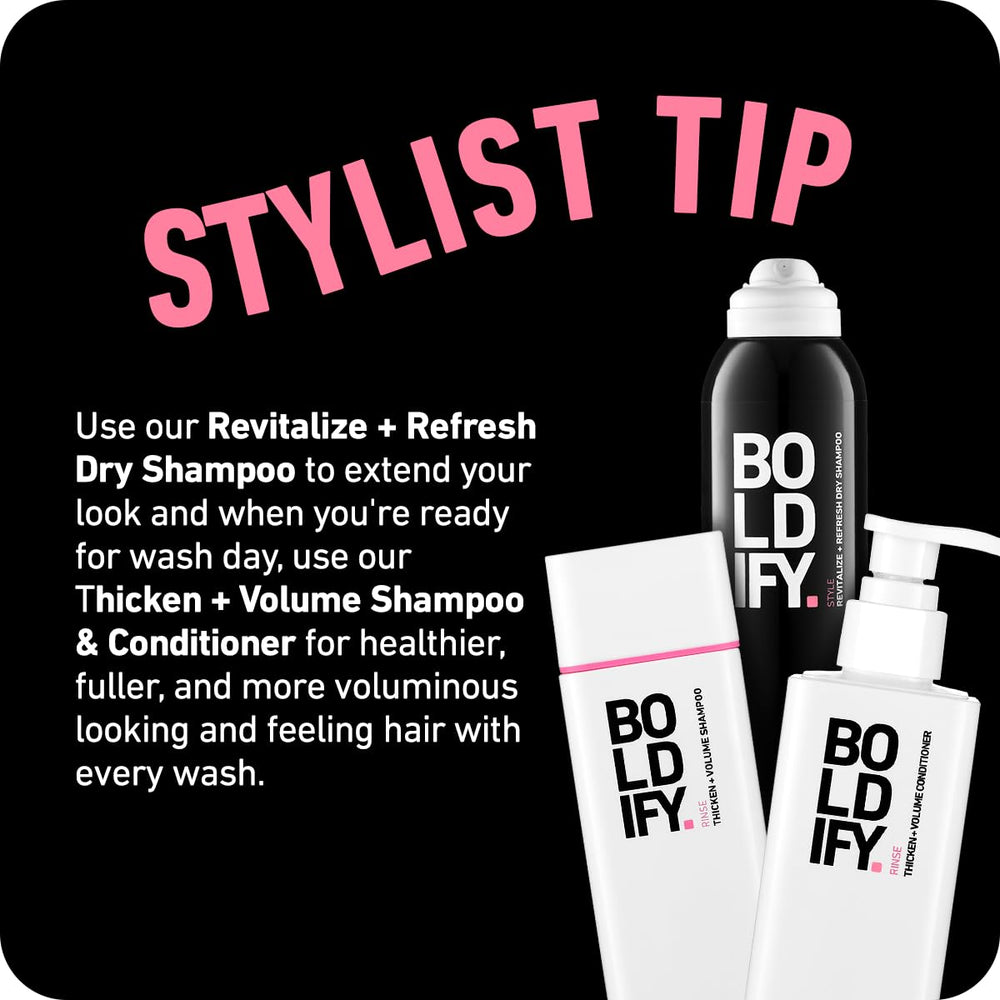 Boldify Dry Shampoo Spray usage tips demonstrating easy fast refresh between sessions