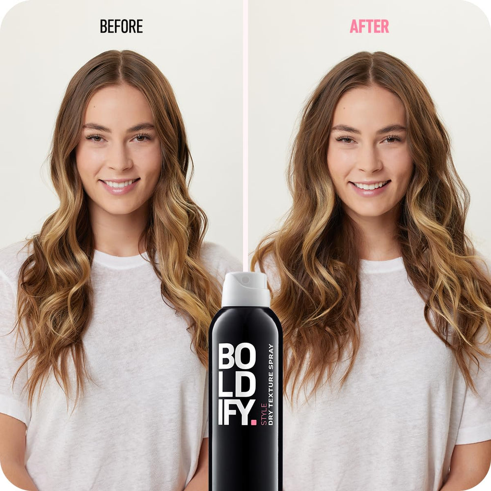 Boldify Dry Texture Spray on hair delivers lift with light hold.