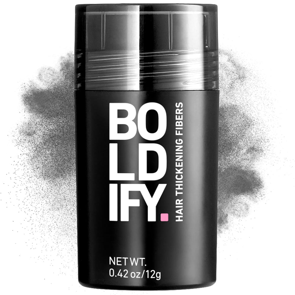 Boldify Hair Fibers 12g bottle close-up for natural-looking fullness.