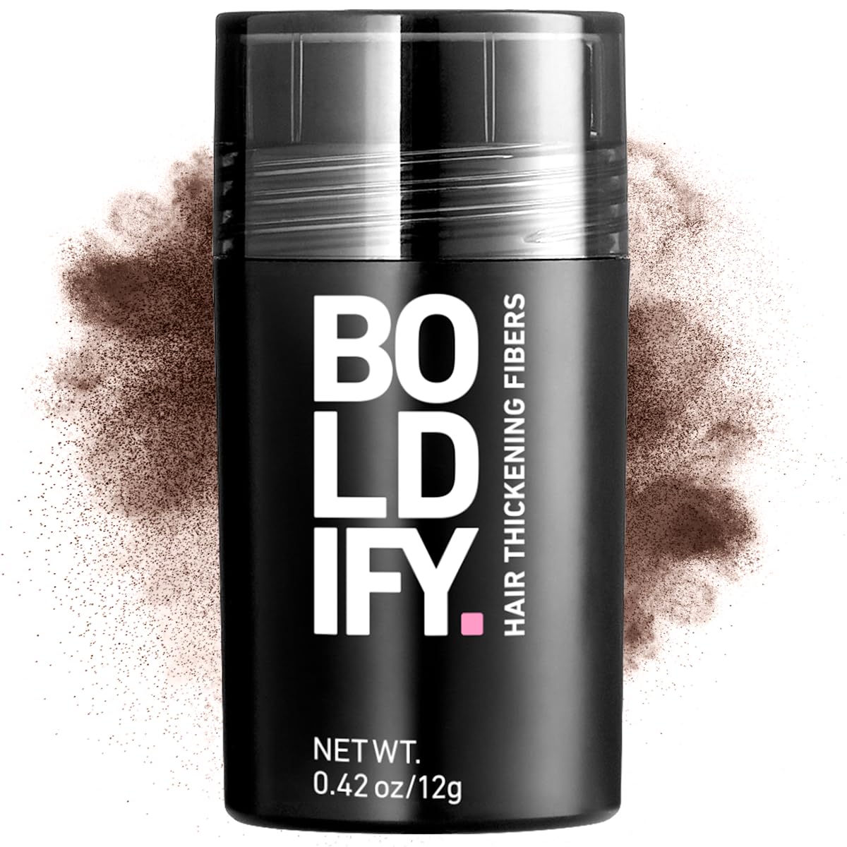 Boldify Hair Fibers 12g bottle closeup for quick, natural-looking fullness.