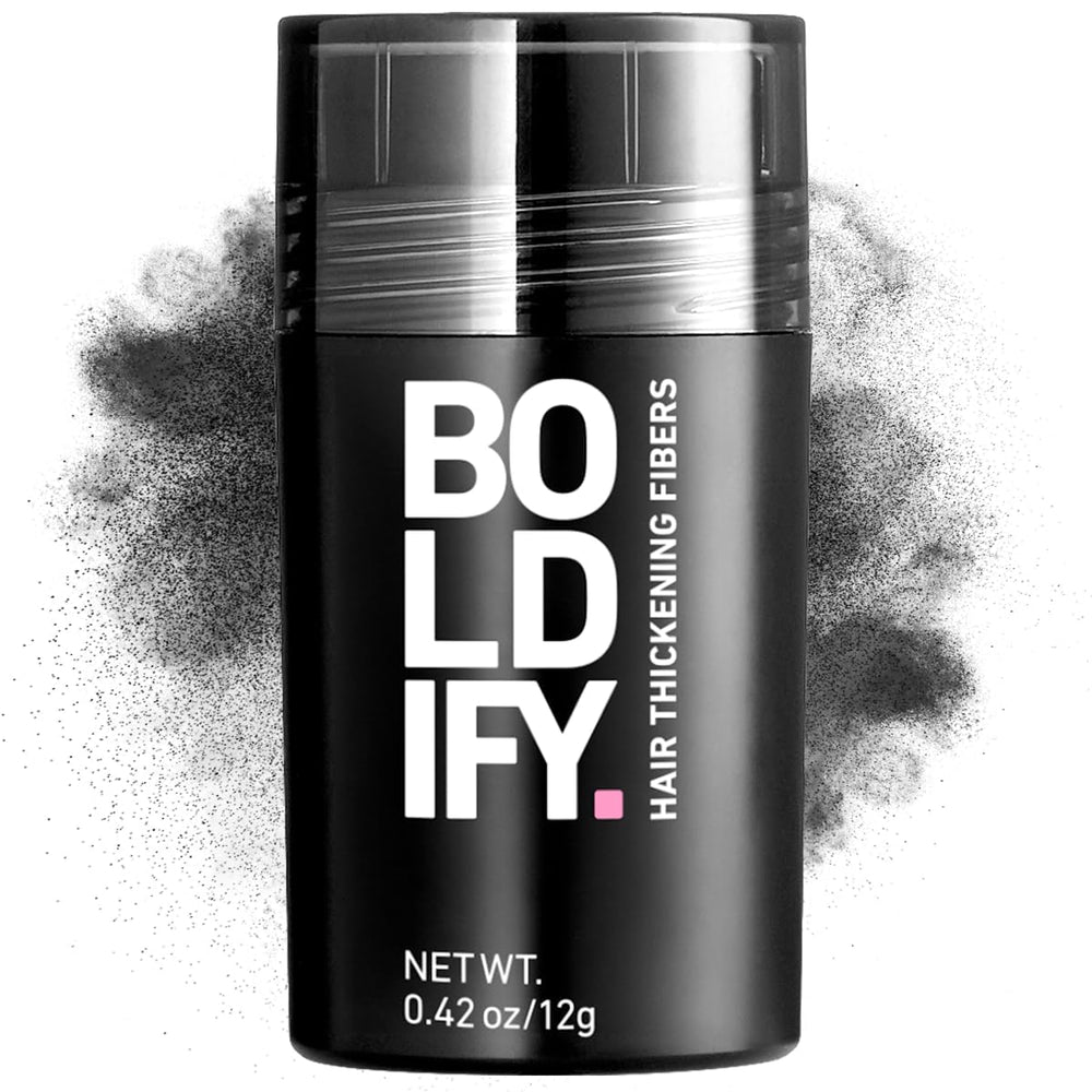 Boldify Hair Fibers 12g packaging shows compact bottle for on-the-go root touch-ups.