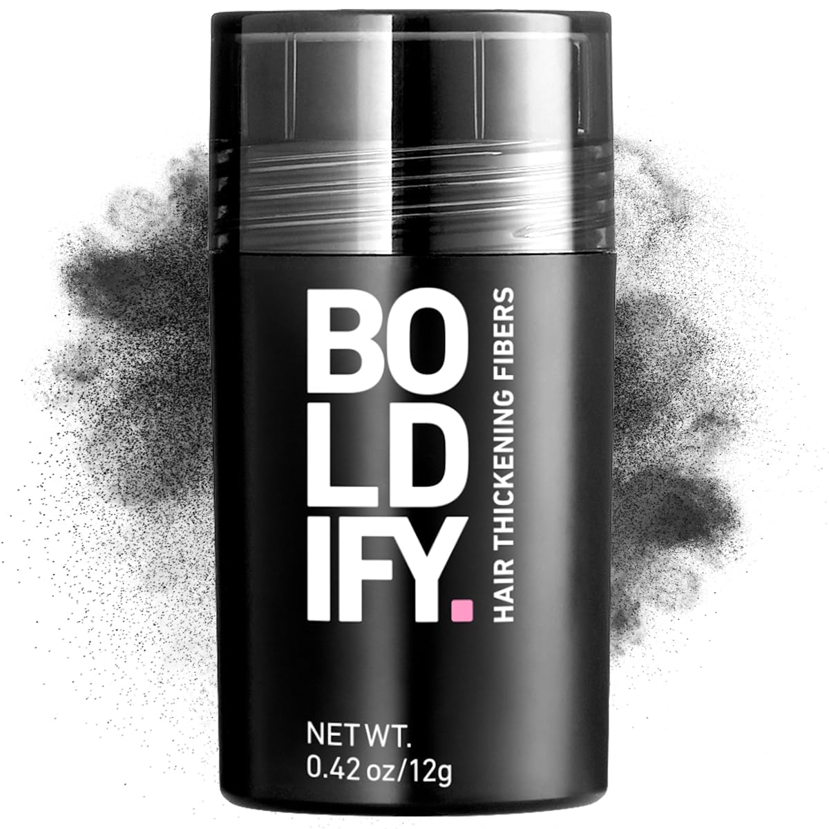Boldify Hair Fibers 12g packaging shows compact bottle for on-the-go root touch-ups.