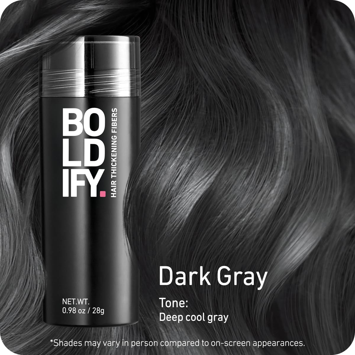 Boldify Hair Fibers 28g application overview demonstrates easy blending on hair.