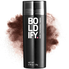 Boldify Hair Fibers 28g bottle close-up showing natural color blend for fuller look.