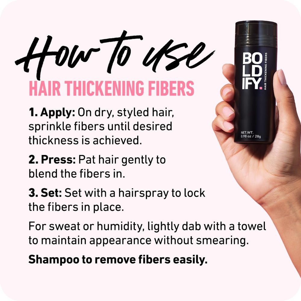 Boldify Hair Fibers 28g hairline powder usage shows quick application near part line.
