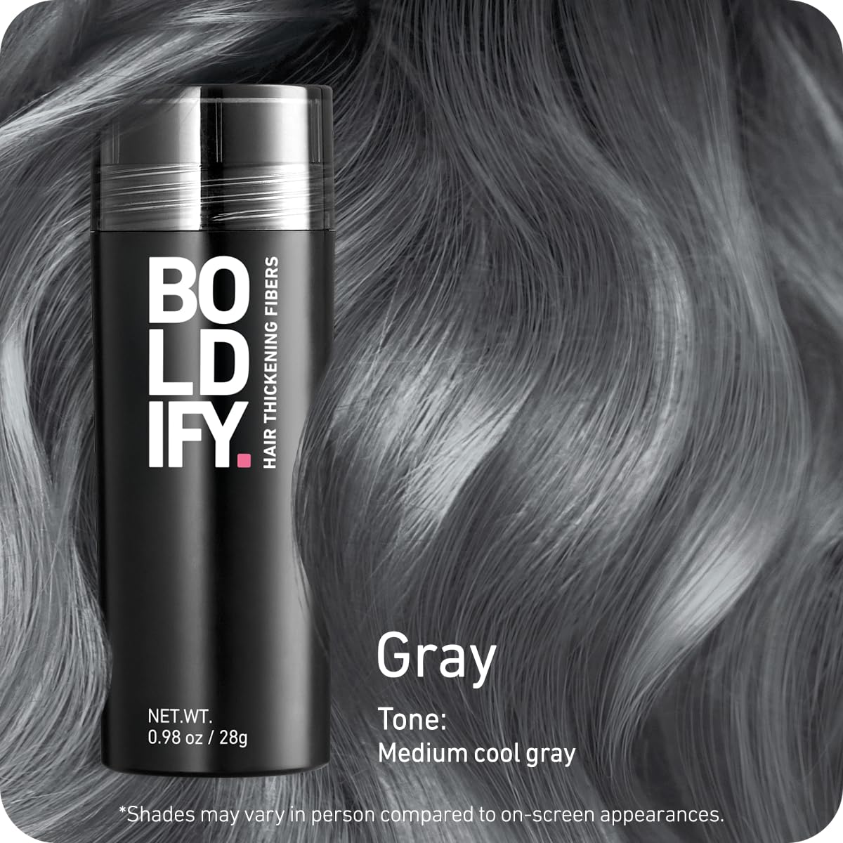 Boldify Hair Fibers 28g shaking over thinning area—easy targeted coverage.