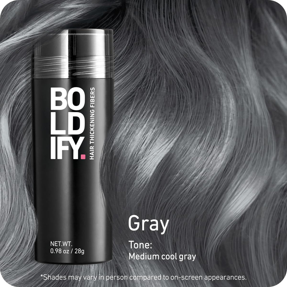Boldify Hair Fibers 28g shaking over thinning area—easy targeted coverage.
