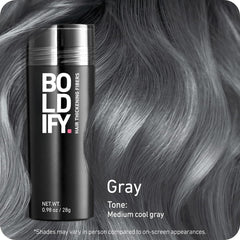 Boldify Hair Fibers 28g shaking over thinning area—easy targeted coverage.