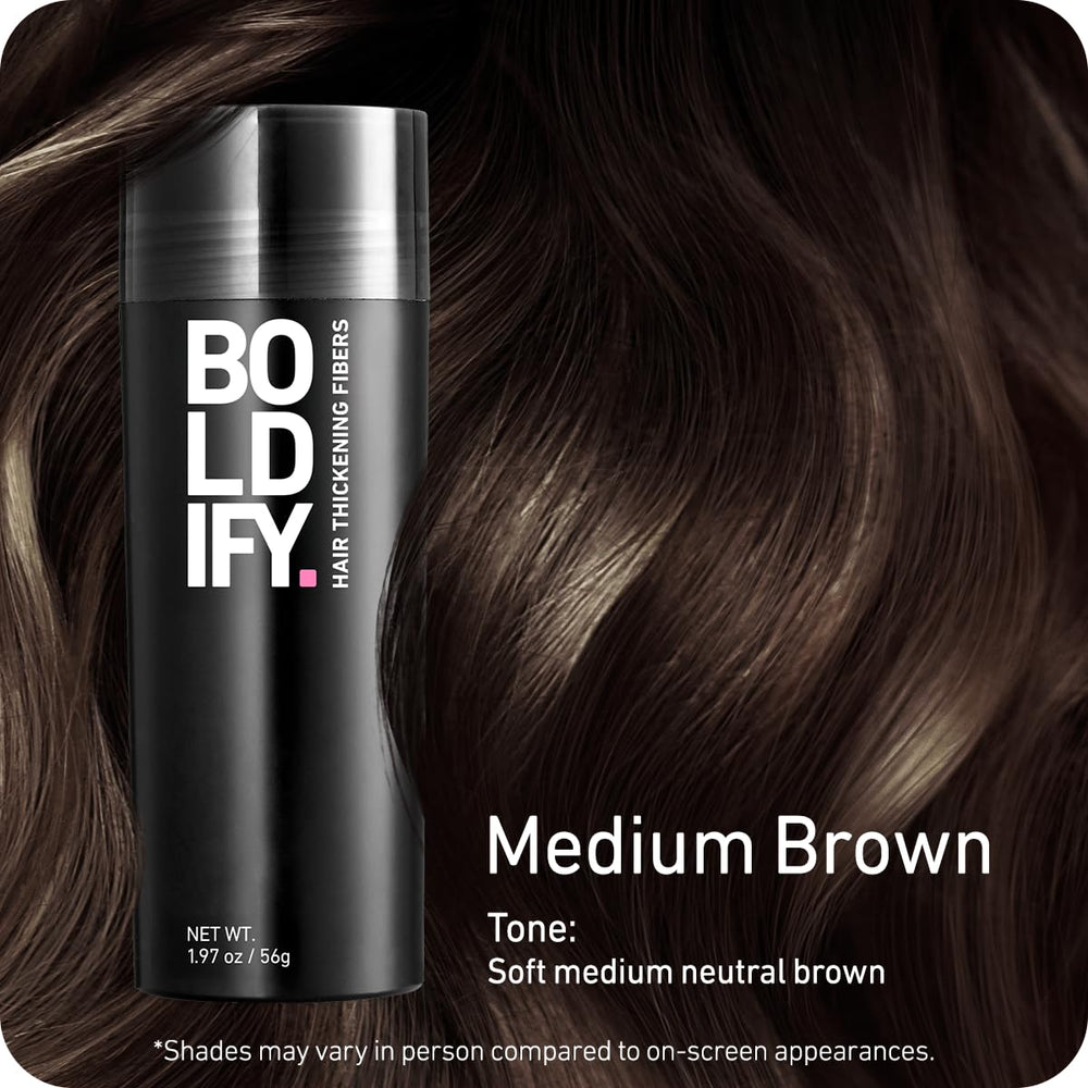 Boldify Hair Fibers 56g packaging shown with easy shake-on use.