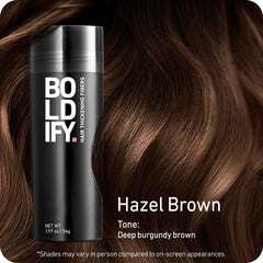 Boldify Hair Fibers application demonstrating shake-and-dab technique for a natural look.