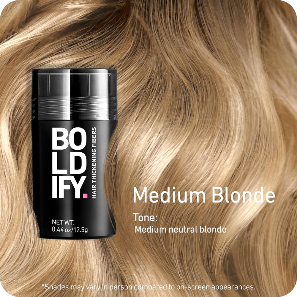 Boldify Hair Fibers applicator shake-dispense demonstrates quick, mess-free styling.