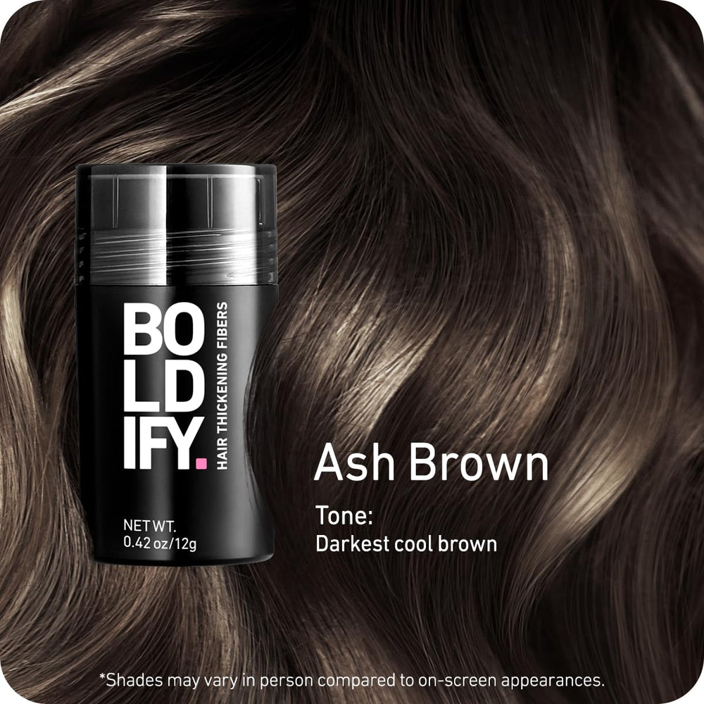 Boldify Hair Fibers ash-brown-shade-application demonstrates root color match for natural look.