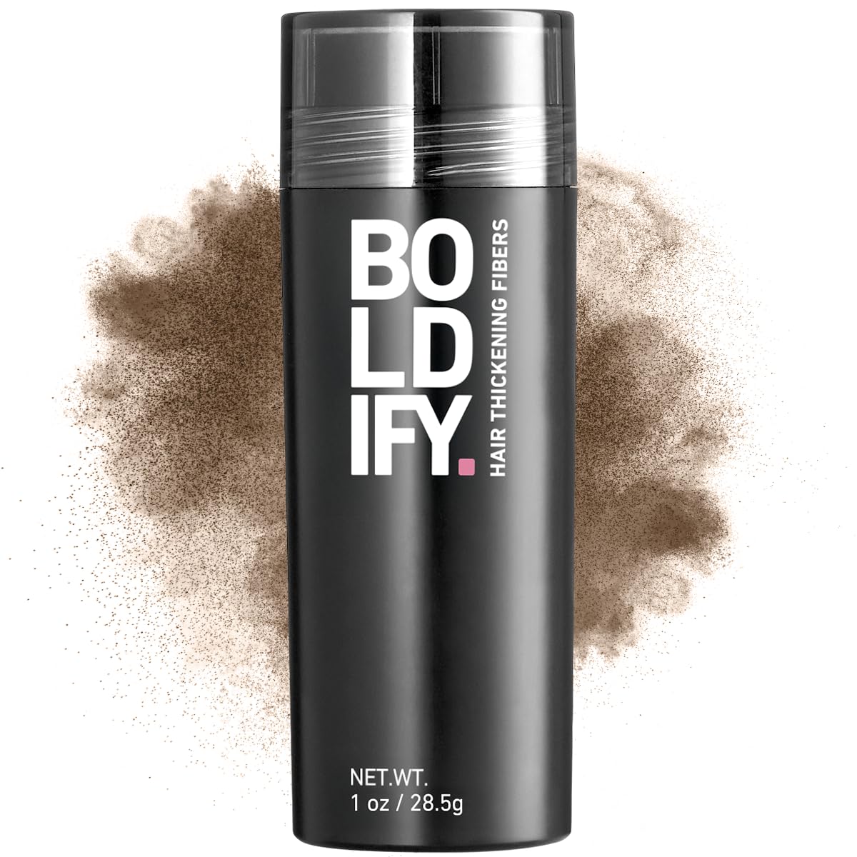 Boldify Hair Fibers bottle dispensing fibers for instant fullness.