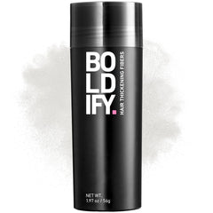 Boldify Hair Fibers bottle pour demonstrates instant fullness and natural blend.