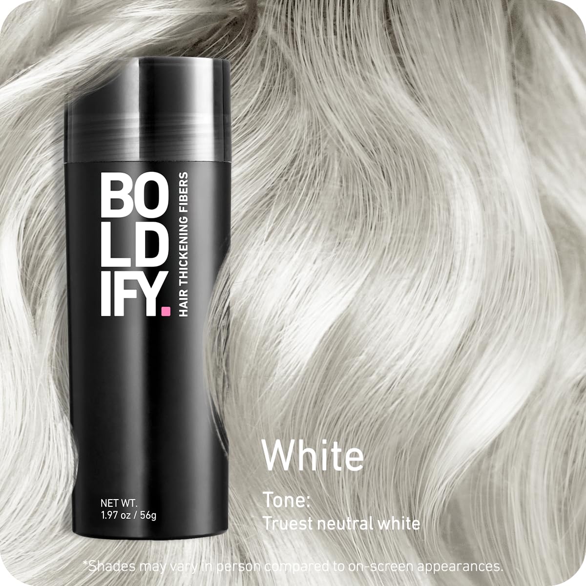 Boldify Hair Fibers color-match 14-shade palette shows natural root-to-end color options.