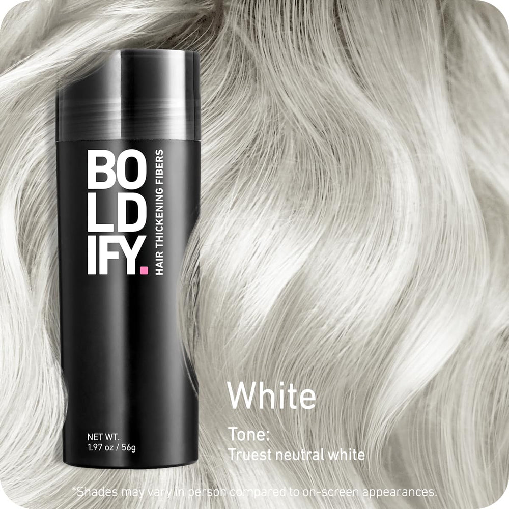Boldify Hair Fibers color-match 14-shade palette shows natural root-to-end color options.