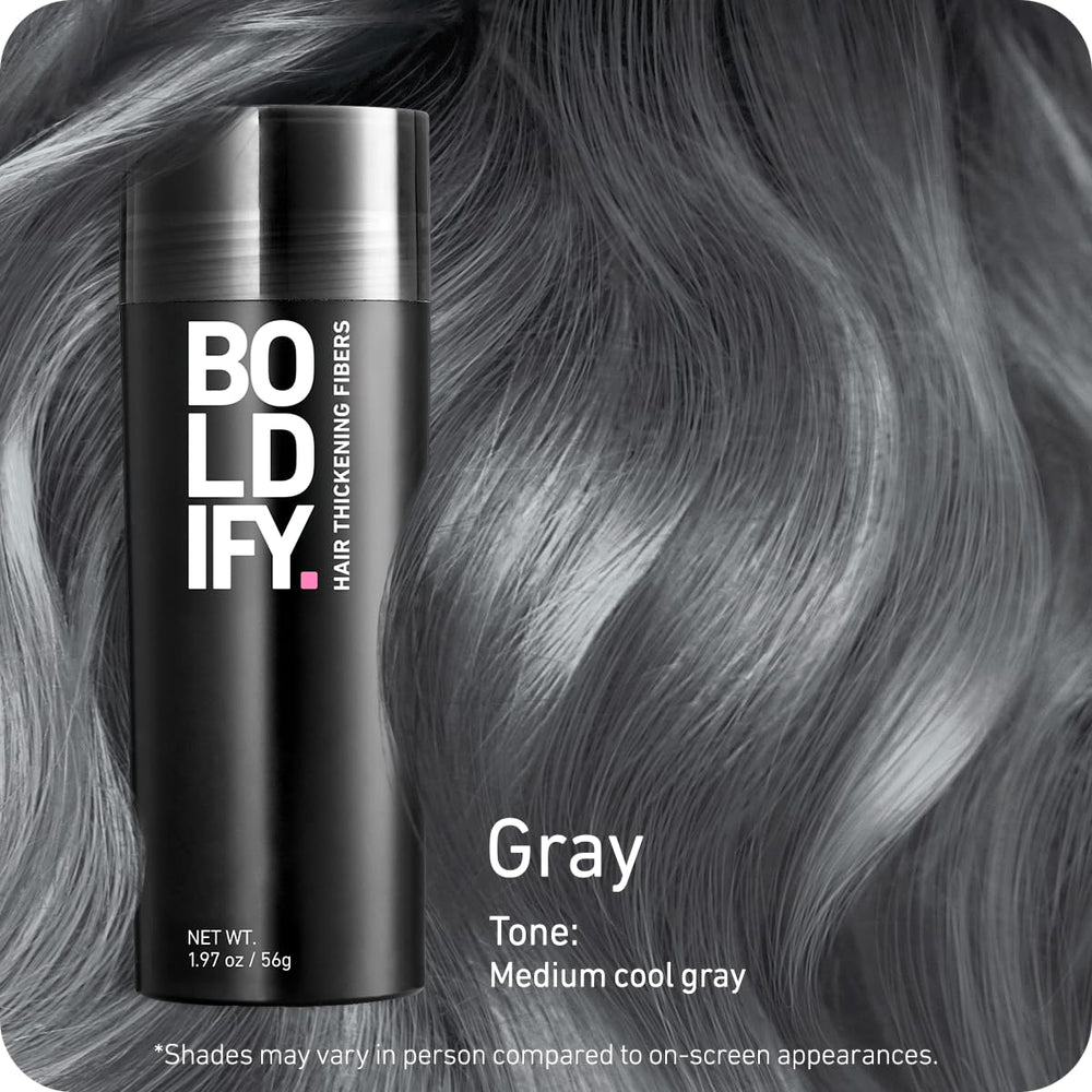 Boldify Hair Fibers shade swatches show 14-shade range for root color matching.