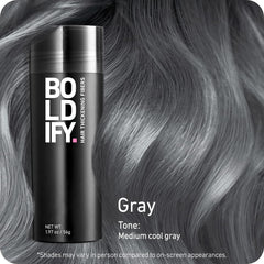 Boldify Hair Fibers shade swatches show 14-shade range for root color matching.