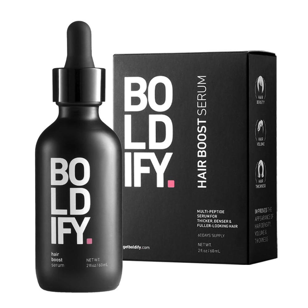 Boldify Hair Growth Serum bottle shown for fuller-looking hair.